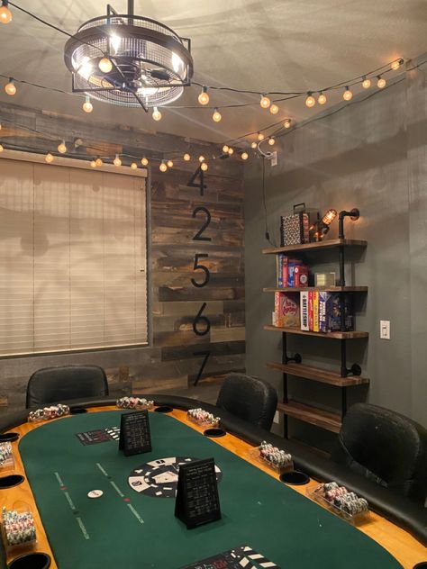 #stikwood #pokerroom #industrial Poker Room In House, Basement Poker Room, Poker Room Ideas Interior Design, Home Poker Room, Poker Room Ideas, Deco Bar, Poker Room, Poker Night, Family Restaurants