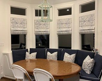 Custom Roman Shade in Designer Indo Black - Etsy Bay Window Roman Shades, Window Roman Shades, Faux Roman Shade Valance, Designer Window Treatments, Classic Roman Shades, White Modern Farmhouse, Relaxed Roman Shade, Cordless Roman Shades, Faux Roman Shades