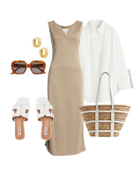 Casual Slides Outfit, Maxi Dress Outfit Casual Summer, Maxi Dress Outfit Casual, Mode Zendaya, Dress Outfit Casual, Maxi Dress Outfit, Summer Closet, Beige Dress, Minimalist Wardrobe