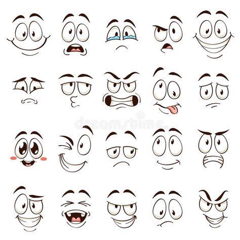 Cartoon faces. Caricature comic emotions with different expressions. Expressive eyes and mouth, funny flat vector royalty free illustration Comic Emotions, Sara Key, Cartoon Faces Expressions, Funny Cartoon Faces, Cartoon Mouths, Vector Characters, Different Expressions, Cartoon Expression, Eye Expressions