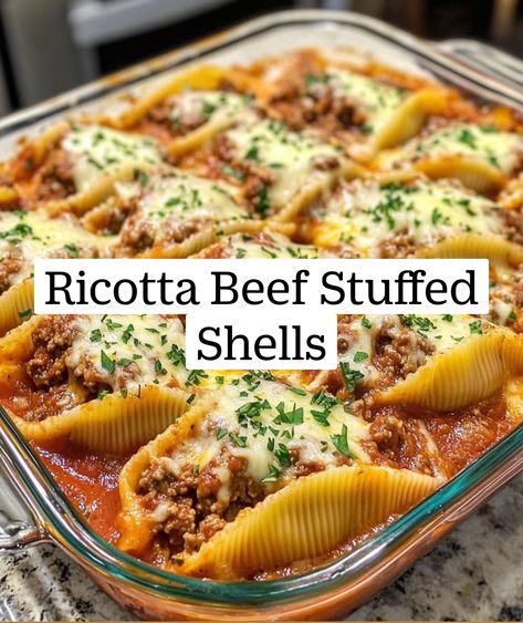 RICOTTA BEEF STUFFED SHELLS GRATIN
Tender pasta shells stuffed with seasoned beef and creamy ricotta, baked in a rich marinara sauce and topped with melted cheese.
Ingredients:
20 Large Pasta Shells
1 lb Lean Ground Beef
1 cup Ricotta Cheese
1 ½ cups Shredded Mozzarella
½ cup Grated Pecorino Romano
1 Large Egg, beaten
2 ½ cups Tomato Basil Sauce
1 tsp Dried Oregano
2 cloves Garlic, minced
Salt and Black Pepper, to taste Fresh Parsley, chopped (for garnish)
Directions:
Preheat Oven: Preheat your oven to 375°F (190°C).
Cook Pasta: Boil the pasta shells in salted water until al dente. Drain and set aside to cool slightly.
Prepare Filling: In a skillet, brown the ground beef over medium heat. Add garlic and oregano, cooking until fragrant.
Remove from heat. In a mixing bowl, combine the beef w Meat And Cheese Stuffed Shells Recipe, Stuffed Shells For 2, Beef Stuffed Shells With Ricotta, Meat Stuffed Shells Beef No Ricotta, Stuffed Ground Beef Shells, Beef And Cheese Stuffed Shells, Stuffed Shells Recipe Italian Sausage, Ground Beef Jumbo Shells, Stuffed Shells With Marinara Sauce