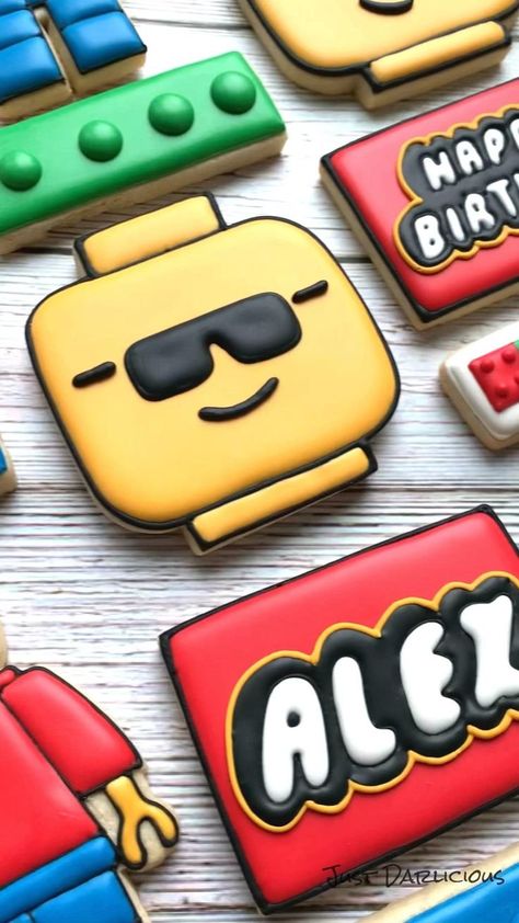 Lego Cookies, 7th Birthday Party Ideas, Happy Birthday Boy, Cookie Favors, Lego Birthday, Cookies For Kids, Lego Party, Clay Miniatures, Icing Cookies