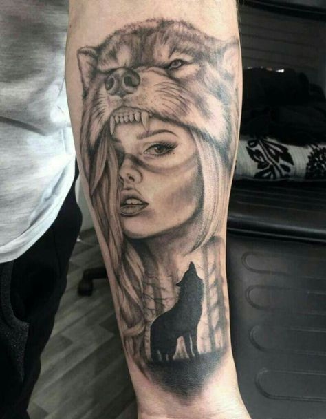 Woman And Wolf, Wolf Girl Tattoos, Wolf Tattoo Meaning, Drawing Wolf, Wolf Sleeve, Headdress Tattoo, Bluebird Tattoo, Tattoo Wolf, Native American Tattoo