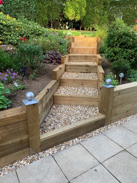 Steep Garden Ideas, Sleeper Steps Garden, Sleeper Steps, Backyard Hill Landscaping, Steep Gardens, Sloped Backyard Landscaping, Sloped Yard, Garden Stairs, Sloped Backyard