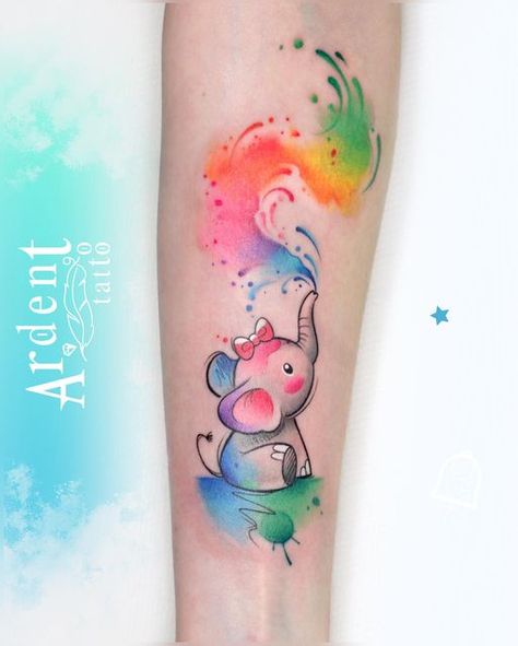 Watercolour Tattoo Designs, Water Colour Tattoo Designs, Small Colour Tattoo, Watercolor Art Tattoo, Watercolor Tattoo Design, Rome Tattoo, Feather Arrow Tattoo, Colorful Elephant Tattoo, Baby Elephant Tattoo