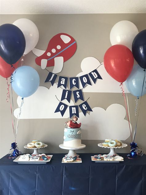 Airplane First Birthday Party Decorations, Airplane First Birthday Cake, Plane 1st Birthday Party, 2nd Birthday Airplane Theme, Airport Craft, First Birthday Airplane Theme, Plane Birthday Party Ideas, Plane Theme Birthday Party, Time Flies Birthday Party