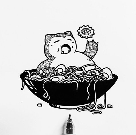 Food Ink Drawing, Pokemon Ink Drawing, Pokemon Linocut, Simple Food Art, Animal Doodle Art, Pokemon Doodle Art, Pokémon Flash, Food Drawing Sketches, Snorlax Tattoo