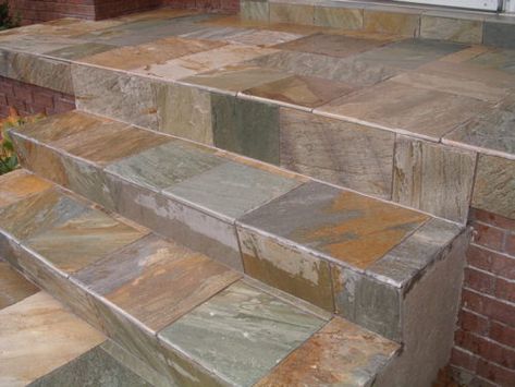 How to Tile Over Concrete Steps Stone Installation, Front Porch Steps, Front Stoop, Porch Tile, Stone Steps, Tile Stairs, Exterior Stairs, Concrete Stairs, Outdoor Steps