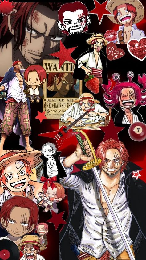 shanks wallpaper/collage One Piece Collage Wallpaper, Shanks Aesthetic, Shanks One Piece Wallpapers, Shanks Poster, Anime Collage Wallpaper, Shanks Wallpapers, Worst Generation, One Piece Aesthetic, One Piece Movies