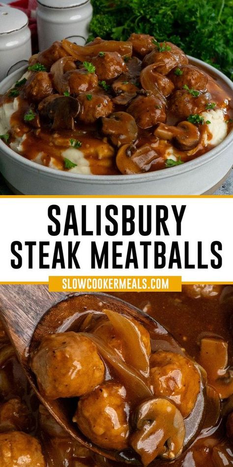 Busy days call for Crock Pot Salisbury Steak Meatballs! With frozen meatballs and a luscious mushroom gravy, this dish is perfect for a quick meal. In just a few easy steps, you'll savor tender and flavorful meatballs, ideal when served over rice or creamy mashed potatoes! Crock Pot Salisbury Steak, Salisbury Steak Crockpot, Frozen Meatball Recipes, Meatball Recipes Crockpot, Salisbury Steak Meatballs, Slow Cooker Salisbury Steak, Meatball Dinner, Meatball Recipes Easy, Crock Pot Meatballs