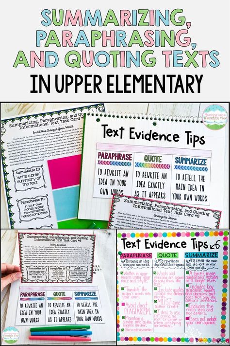 Using informational (non-fiction) text is a great way to teach students how to correctly summarize, paraphrase, and quote materials.  This important skill is seen throughout the CCSS and is an important ability to have during state testing time!  Check out how I teach my students to do these using anchor charts, interactive notebooks, task cards and hands-on lessons in upper elementary. Paraphrase Anchor Chart, Race Response, Summarizing Anchor Chart, Teaching Summarizing, School Anchor Charts, Summarizing Nonfiction, Citing Text Evidence, Summary Writing, 6th Grade Reading