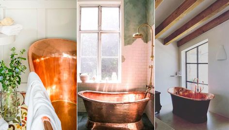 This Is the Biggest Trend in Country Bathrooms Right Nowcountryliving Copper Bathtub, Teen Bathrooms, Simple Bathroom Remodel, Cheap Bathroom Remodel, Copper Bath, Copper Bathtubs, Cheap Bathrooms, Country Bathroom, Bath Bathroom