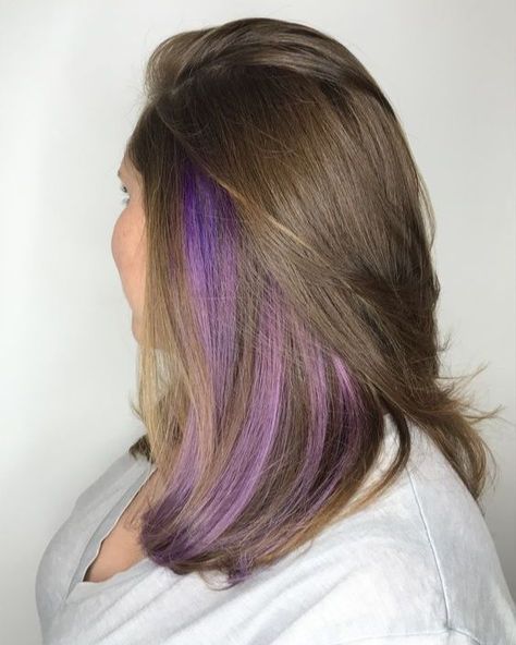 16 Blonde Hair With Purple Underneath Ideas To Try Now Peakaboo Underlights Lavender, Purple Hair Bottom Half, How To Do Purple Highlights At Home, Light Brown Hair With Purple Tips, One Streak Of Color In Hair, Blonde Hair With Purple Peekaboo, Hair With Purple Underneath, Blonde Hair With Purple Underneath, Peekaboo Hair Color Purple