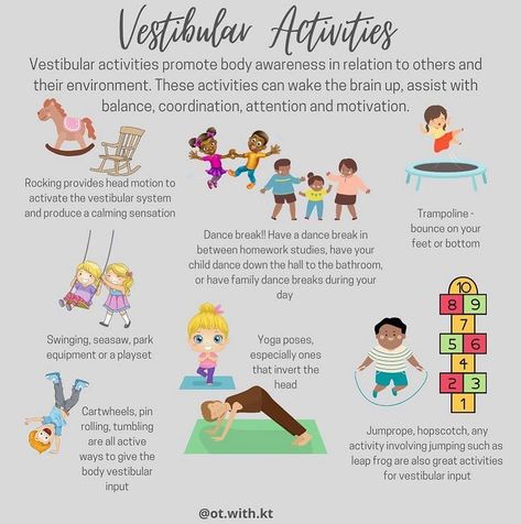 Vestibular activities include any activity that moves the head in different planes e.g. head positioned forward, downwards, tipped back, turning side to side, head tilt etc. If the vestibular system is under-developed: 👉🏻Poor visual processing Poor balance Difficulty sitting still Poor core strength Poor motor planning Poor attention Try: ⭐️ Rocking, Dancing, Jumping, Swinging, Yoga Poses, Cartwheels, Hopscotch Have questions? Ask your ASAPC Provider. Thanks @thepaediatricot Vestibular System Activities, Vestibular Sensory Activities, Vestibular Activities Kids, Vestibular Activities, Sensory Integration Activities, Proprioceptive Activities, Vestibular System, Visual Processing, Sensory Therapy