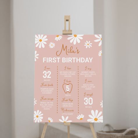 Our daisy birthday milestone poster is the perfect way to celebrate and document a special birthday. The design features a unique and memorable boho theme with space for your child’s name, special milestones, achievements, and memories from their life so far. It’s a great way to celebrate a milestone birthday and to create a lasting memento of the special occasion. This milestone isn’t only a unique decoration, as party guests will have the opportunity to learn more about you child’s first year and their growing personality. Boho Daisy First Birthday, Daisy First Birthday, Baby First Birthday Themes, First Birthday Milestone, Daisy Birthday, Daisy Party, 1st Birthday Party Decorations, One Year Birthday, 1st Birthday Party Themes