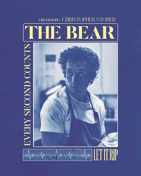 Yes Chef, Behind!!, Let it rip Let It Rip The Bear, Blue Vintage Poster, The Bear Aesthetic, The Bear Wallpaper, The Bear Series, The Bear Poster, Layout Artist, Posters Typography, Movies Art