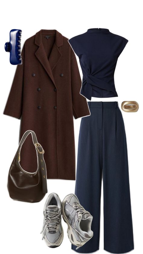 outfit Grunge Trousers Outfit, Hip Work Outfits Women, Greece Outfits Winter, Navy Corduroy Pants Outfit, Navy Monochromatic Outfit, Navy And Brown Outfit, Green And Grey Outfit, Navy Trench Coat Outfit, Deep Winter Outfits