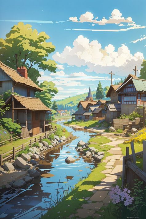 Village Environment Concept Art, Japan Village, Imaginary Landscapes, Town Drawing, Ing Civil, Bull Painting, Ancient Houses, Lake Village, Casual Art