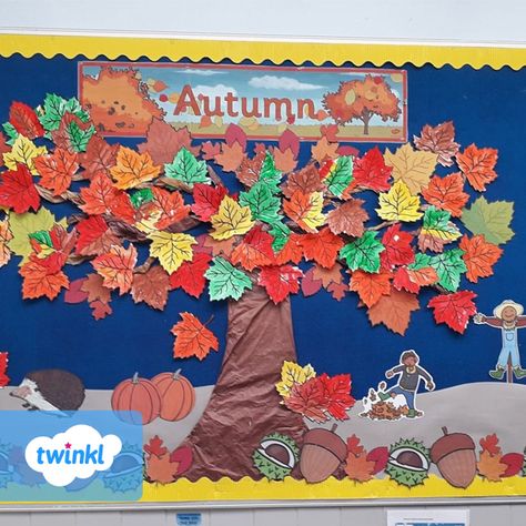 Picture of an Autumn Tree Display for the Classroom Autumn Display Boards Nursery Babies, Autumn Theme Classroom, Autumn Tree Display Eyfs, Autumn Wall Display, Season Theme Board Ideas, Autumn Classroom Display, Autumn Display Boards Nursery, Autumn Board Ideas, Autumn Theme Preschool