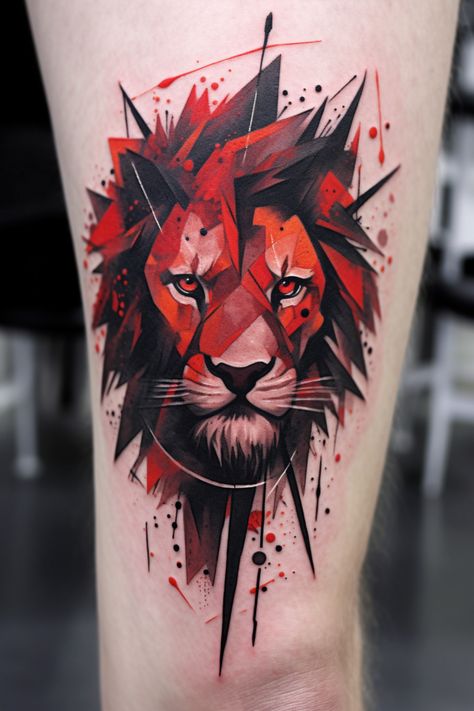 Incredible Tattoos Men, Abstract Lion Tattoo Design, Lion Flames Tattoo, Red Tattoo Aesthetic Men, Lion Trash Polka Tattoo, Modern Lion Tattoo, Red And Black Aesthetic Tattoo, Lion Colour Tattoo, Tattoo Ideas Red And Black