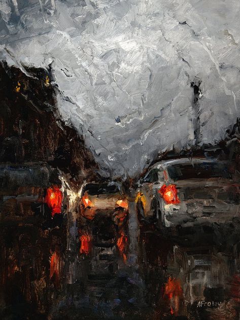 Unsteady Evening, My oil painting Rainy Painting, Urban Island, Urban Sketches, Oil Pastels Painting, Ap Studio Art, City Painting, Aesthetic Painting, Drawing Tutorials, Pastel Painting