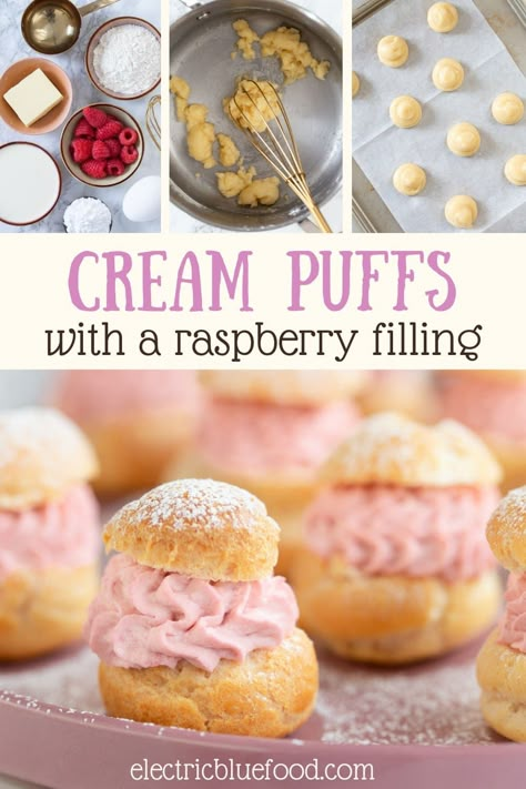 Cream Puffs Filling Ideas, Valentines Cream Puffs, Profiterole Filling Ideas, Flavored Cream Puffs, Cream Puff Flavor Ideas, Raspberry Cream Cake Filling, Choux Filling Ideas, Raspberry Pastry Cream, Cream Puff Fillings