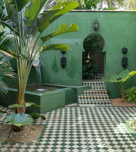 Green Outdoor Tiles, Moroccan Architecture Exterior, Morroco Interior Design, Moroccan Outdoor Decor, Moroccan Courtyard, Small Sunroom, Riad Marrakech, Off Grid House, Garden Mural