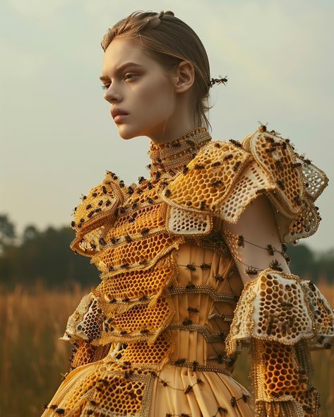 Queen Bee 🐝 : an eco-friendly clothing concept that turns your dress into a home for bees Still thinking about Spring/Ostara for this one for #landofblursed @blursed_montage and #chxrchchallenges @the_clone_supper #midjourneyfashion #aifashion #midjourneyconcept #midjourneycommunity #midjourneyv6 #midjourneyblend #midjourneysref #midjourneyai #fashionconcept #ecofriendly #bees #ecofriendlyfashion #aifashiondesign #midjourneyfashiondesign #midjourneyfashion Bee Fashion Design, Food Inspired Outfits, Fashion Design Concept, Bee Clothes, Insect Fashion, Pokemon Types, Eco Fashion Design, Bee Fairy, Armor Drawing