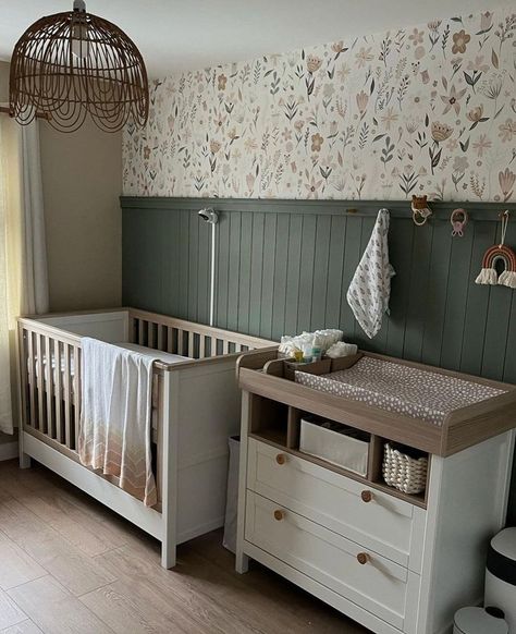 Green Panelled Wall, Panelled Nursery, Room Neutral, Baby Room Neutral, Unisex Nursery, Cot Sheets, Nursery Decor Neutral, With Wallpaper, Floral Paper