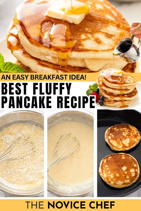 This fluffy pancake recipe creates perfectly soft and light pancakes, with a golden-brown edge, ready to soak up all your favorite toppings. Best of all, they are made with pantry staple ingredients and are ready to enjoy in just 20 minutes! The Best Pancake Recipe Ever, Easy Quick Pancake Recipe, Pancakes With Flour, Best Fluffy Pancake Recipe, Easy Pancakes Recipe, Puffy Pancake, Best Pancake Recipe Ever, Light Pancakes, Quick Pancake Recipe