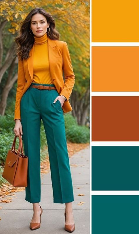 Color Block Outfit Ideas, Color Blocking Outfits Fall, Colorful Office Attire, Teal Skirt Outfit Color Combinations, Fall Outfits Color Schemes, Teal And Purple Outfits, Jewel Tone Color Palette Clothing, Jewel Tone Outfits Fall, Green And Maroon Outfit