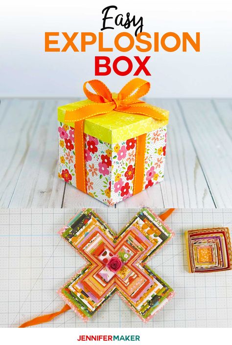 Make an Easy Explosion Box Card with this Tutorial and Free Template and SVG Cut File #papercrafts #cricut #cardmaking #cricutmade Exploding Box Template, Explosion Box Tutorial, Diy Exploding Box, Explosion Card, Birthday Explosion Box, Cricut Patterns, Exploding Gift Box, Box Cards Tutorial, Jennifer Maker