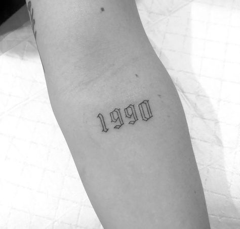 Old English Date Tattoo, 1966 Tattoo Number, 1960 Tattoo Number, Date Arm Tattoo, Writing On Arm Tattoo, Number Font Tattoo, Old English Numbers Tattoo, 2002 Tattoo Ideas, Birthyear Tattoo