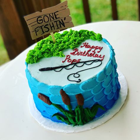 Ofishally Retired Cake, Fishing Cakes For Men Birthdays Easy, Lake Themed Birthday Cake, Fishing Cake Ideas For Men, Easy Fish Cake Birthday, Gone Fishing Birthday Cake, Fishing Themed Cakes, Simple Fishing Cake, Fishing Birthday Cake For Men