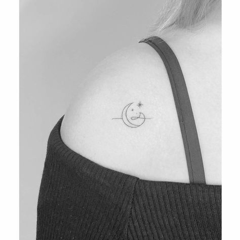 Moon and wave tattoo located on the shoulder. Moon Wave Tattoo, Wave Tattoos, G Tattoo, Wave Tattoo, Ocean Tattoos, Cute Tiny Tattoos, Minimalist Line Art, Nature Ocean, Constellation Tattoos