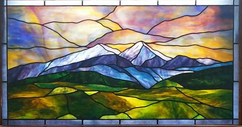 Stained Glass mountains/sky Stained Glass Tattoo, Stained Glass Studio, Stained Glass Quilt, Stained Glass Patterns Free, Stained Glass Paint, Glass Art Projects, Stained Glass Flowers, Stained Glass Diy, Stained Glass Panel