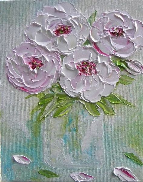 Peony Oil Painting, Peony Oil, Painting Peony, Pale Pink Peonies, Texture Painting On Canvas, Oil Painting Techniques, Textured Canvas Art, Plaster Art, Palette Knife Painting