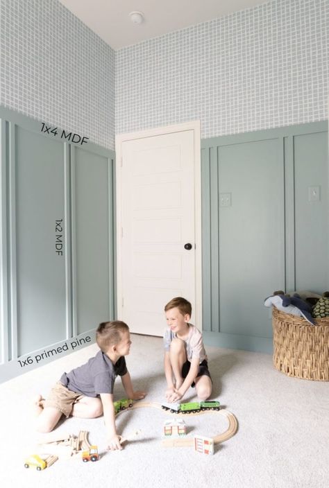 Kids Room Wainscoting, Double Board And Batten, Batten And Wallpaper, Board And Batten And Wallpaper, Board And Batten Wall Ideas, Batten Wall Ideas, Board And Batten Hallway, Board Batten Wall, Batten Walls