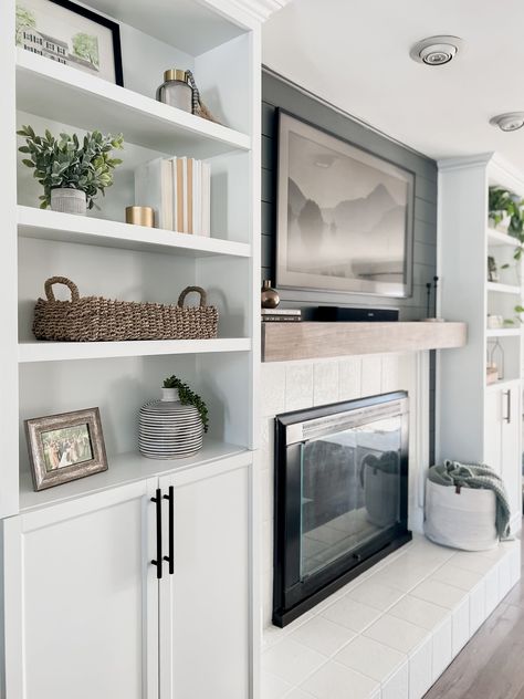 DIY Fireplace Built-Ins: IKEA Billy Bookcase Hack - Come Stay Awhile by Amanda Vernaci | Modern Farmhouse DIY + Home Renovation Shelves Under Windows Next To Fireplace, Diy Electric Fireplace With Bookshelves, Built In Around Tv And Fireplace, Building Shelves Around Fireplace, Diy Cabinets Around Fireplace, Non Used Fireplace Ideas, Cozy Built Ins, Fireplace Shelves Built In, Adding Built Ins Around Fireplace