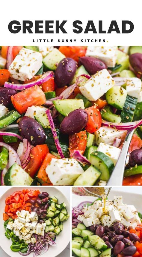 This classic Greek Salad is the same one that's enjoyed all over the Greek Isles. Fresh vegetables, savory feta cheese, and kalamata olives are dressed with a simple Greek vinaigrette. Greek Salad Dinner Ideas, Diy Greek Salad, Greek Chopped Salad Recipes, Greek Salad Easy, Greek Salad With Pasta, Greek Antipasto Salad, Meditterean Salad Recipes, Green Greek Salad, Mediteranian Salad Recipes