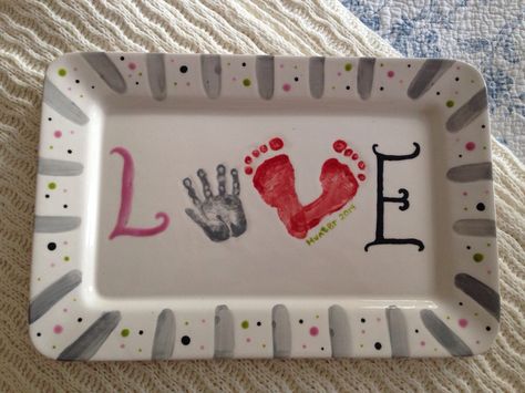 Valentines Day Baby Hand & Foot Print Love Plate Baby Hand And Foot Prints, Baby Footprint Art, Footprint Crafts, Paint Your Own Pottery, Valentines Day Baby, Baby Print, Footprint Art, Foot Print, Handprint Crafts