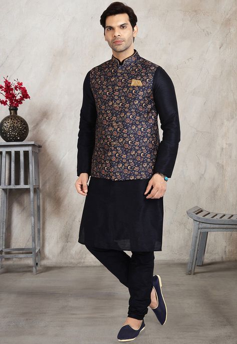 Art Dupion Silk Kurta in Navy Blue This attire with Satin Lining is Enhanced with Buttons, Digital and Floral Print, Crafted in Chinese Collar Neck and Full Sleeve Available with an Art Dupion Silk Churidar in Navy Blue and an Art Silk Nehru Jacket in Navy Blue Do note: Footwear shown in the image is for presentation purposes only. Half to one inch may vary in measurement. (Slight variation in actual color vs. image is possible) Kurta Pajama Wedding, Pajama Wedding, Kurta Pyjama With Jacket, Silk Churidar, Kurta Pyjama, Indian Men Fashion, Nehru Jacket, Silk Bottoms, Silk Kurta