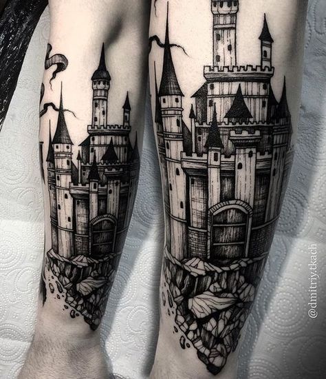 Castle Tattoo Design, Mid Evil, Tattoo On Arm, Castle Tattoo, Evil Tattoo, Matching Best Friend Tattoos, Knight Tattoo, Dark Castle, Fantasy Tattoos