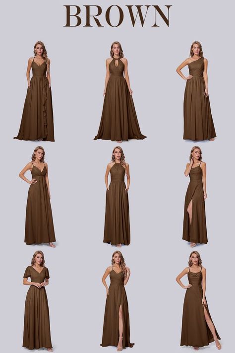 Brown Engagement Dress, Dark Brown Wedding Dress, Bridesmaid Brown Dresses, Brown Motif Wedding, Chocolate Brown Formal Dress, Brown Bridesmaid Dresses Chocolate, Brown Long Dress Outfit, Prom Brown Dress, Mocha Bridesmaids Dresses