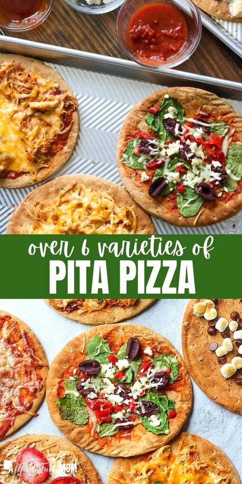 Make dinner super easy and fun with individual pita bread pizzas. This is a simple recipe that can be thrown together in a matter of minutes, for an easy delicious take on homemade pizza. And don't just limit yourself to cheese and pepperoni, check out these 6 creative Pita Pizza combinations to choose from and to please EVERYONE! Homemade Pita Pizza, Pita Flatbread Pizza, What Can I Make With Pita Bread, Pita Pizzas Recipes, Dinners With Pita Bread, Pita Pizza Healthy, What To Do With Pita Bread, Pita Bread Pizza Recipe, What To Make With Pita Bread