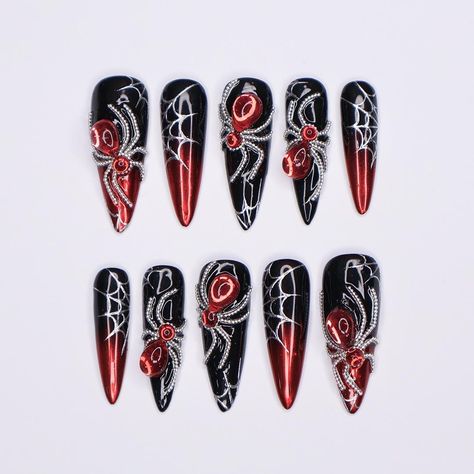 Inspo : internet Art work: lilynailsart  Photo: lilynailsart ------- Hello, lovely!  Greetings and welcome to my store. Hope you find a style you like.  🍁 𝐌𝐚𝐭𝐞𝐫𝐢𝐚𝐥: I only work with high quality materials to create sturdy & long-lasting luxury press on nails that you can trust on. My nails will last for: 1- 2 days using adhesive tab (provided with the nail set) 2- 3 weeks using nail glue. You can reuse all of the nails multiple times if you take care of them. Follow the instructions pro Long Stiletto Nails Halloween, Halloween Nails Black And Red, Spooky Sets, Luxury Press On Nails, Red Spider, Halloween Press On Nails, Long Stiletto, Goth Nails, Nail Glue