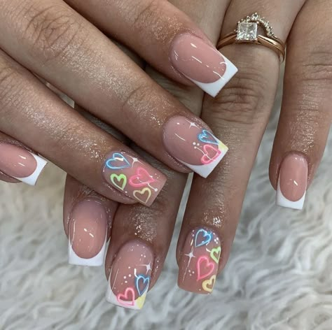 Multicoloured Nails, Holiday Acrylic Nails, Builder Gel Nails, Simple Gel Nails, Colored Acrylic Nails, Work Nails, French Tip Acrylic Nails, Short Square Acrylic Nails, Acrylic Nails Coffin Pink