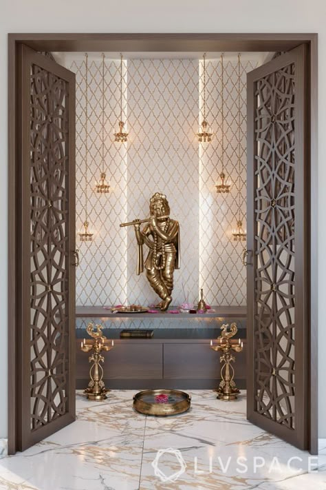 How to Set Up Your Pooja Room for the First Time Mandir Door Design For Home, House Mandir, Mandir At Home, Jaali Door, Mandir With Door, Temple At Home, Pooja Stand, Mandir Door, Mandir Designs