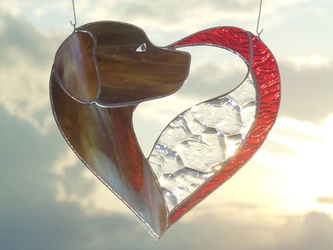 Dog Dark Brown Chocolate in Heart . Art Stained Glass Window | Etsy Stained Glass Stepping Stones, Stained Glass Dogs, Glass Stepping Stones, Stained Glass Hearts, L'art Du Vitrail, Stained Glass Animals, Glass Hearts, Glass Suncatchers, Stained Glass Decor