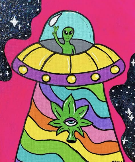 Alien on a colorful spaceship art Tripy Space Art Easy, Alien Painting Easy, Alien Painting Ideas, Easy Alien Drawings, Alien Spaceship Drawing, Alien Ship Drawing, Alien Spaceship Art, Alien Canvas Painting, Spaceship Painting